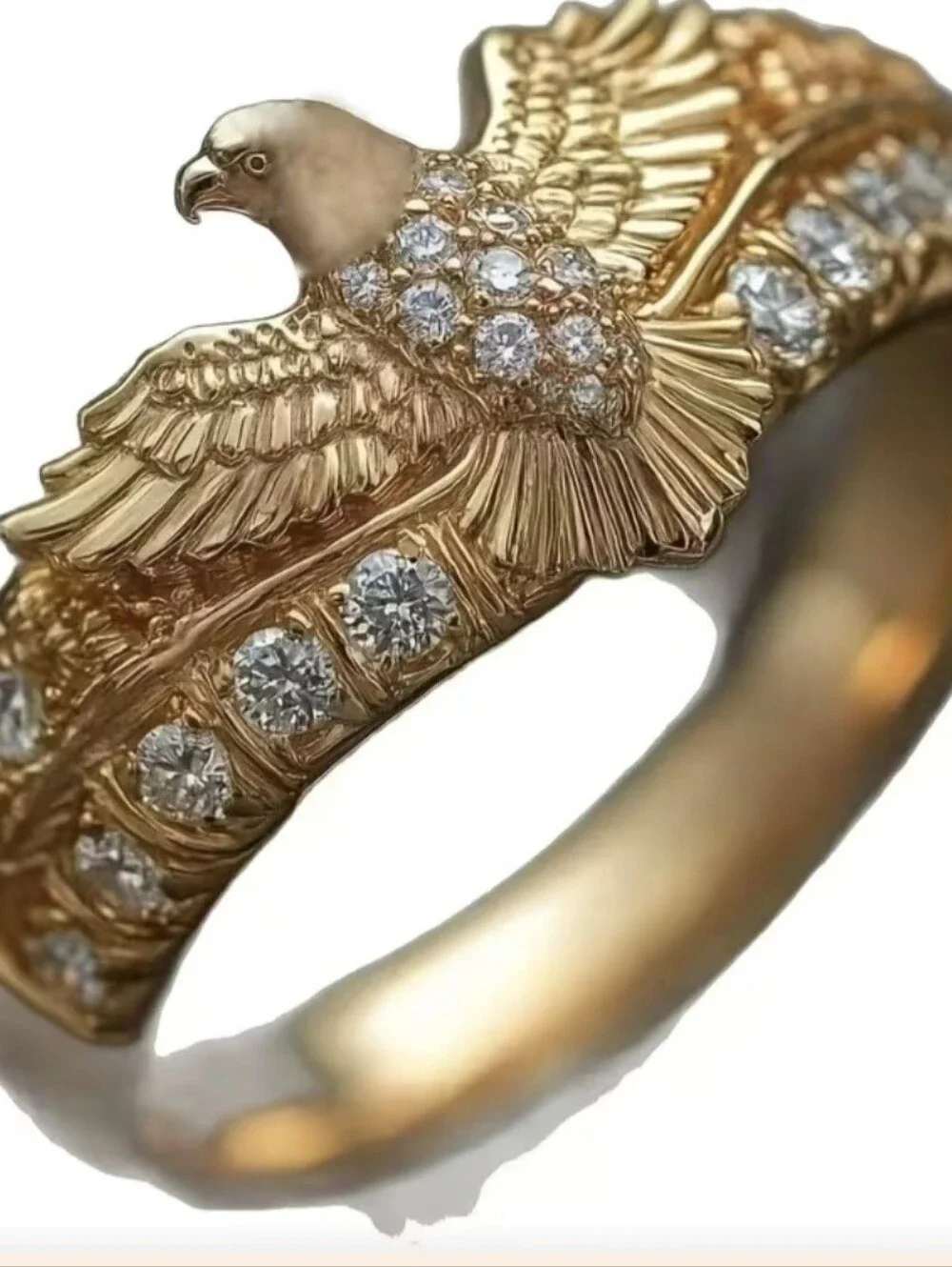 MENS GOLD VERMEIL EAGLE OUTSTRETCHED ENGRAVED  WINGS CZ ACCENT NEW SIZE 10 RING
